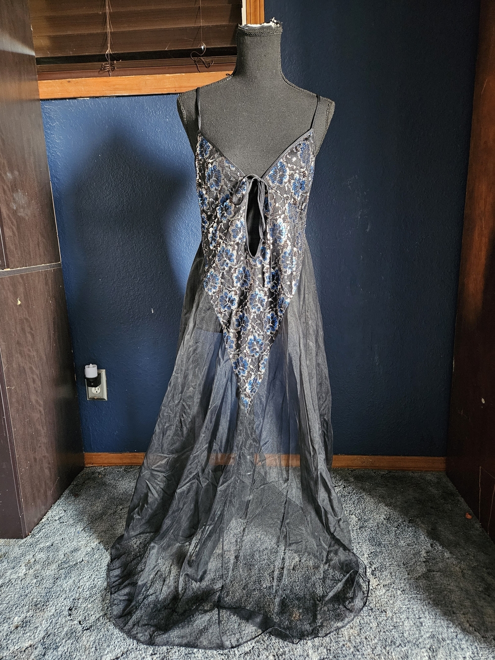 Black Strapless Sheer Maxi Dress with Blue Floral Lace Detail